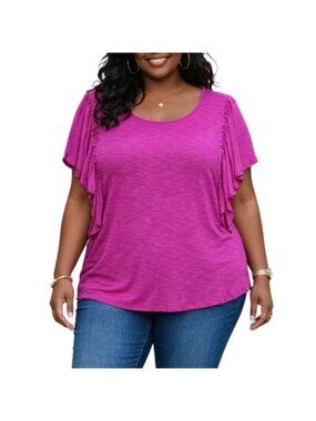 A.N.A Plus Size XL Flutter Sleeve Top Berry Pink Loose Fit Ruffle Detail Pullove
